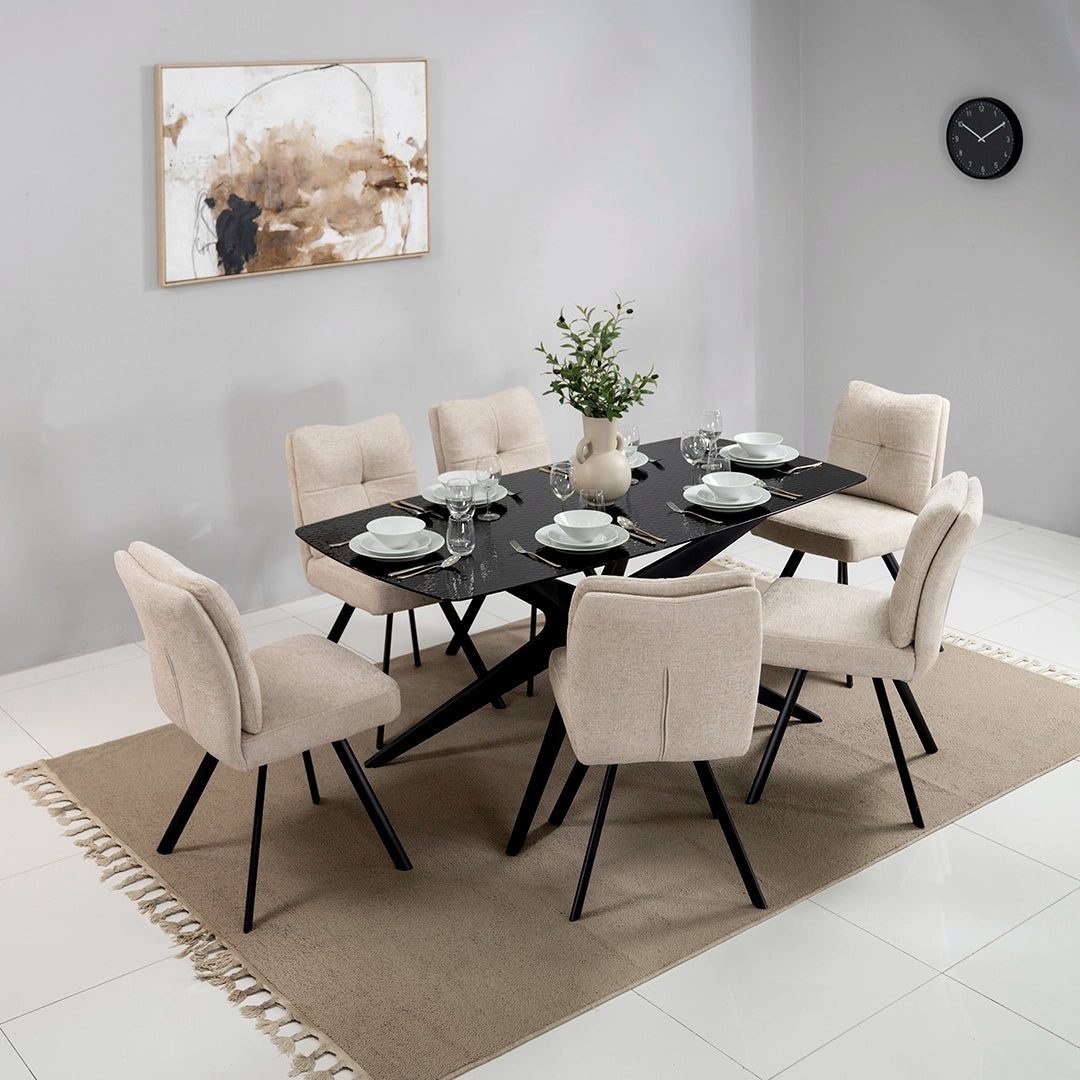 6-Seater Glass Top Dining Set – Black & Beige