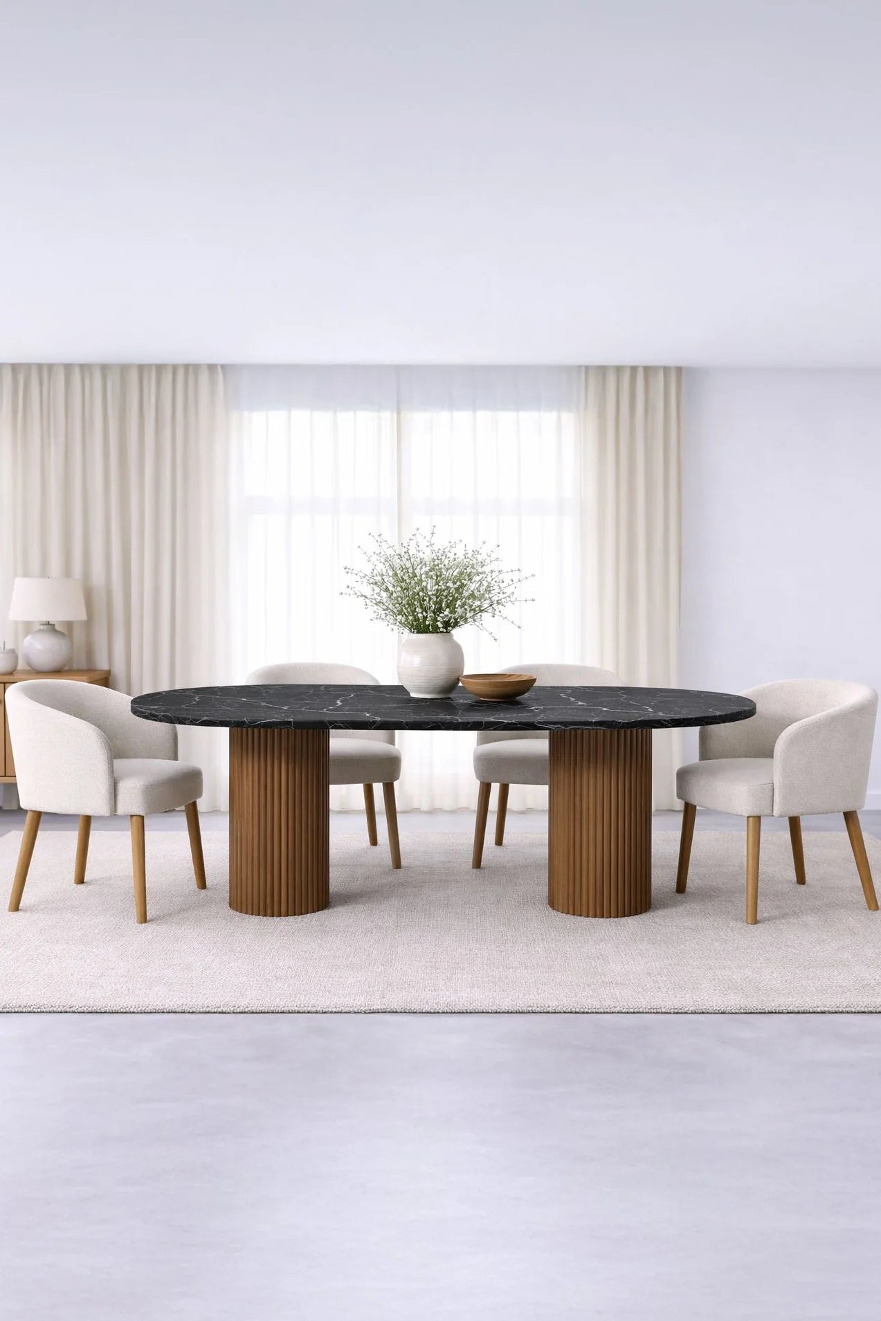 Luxury Natural Marble Dining Table With Light Wood Base