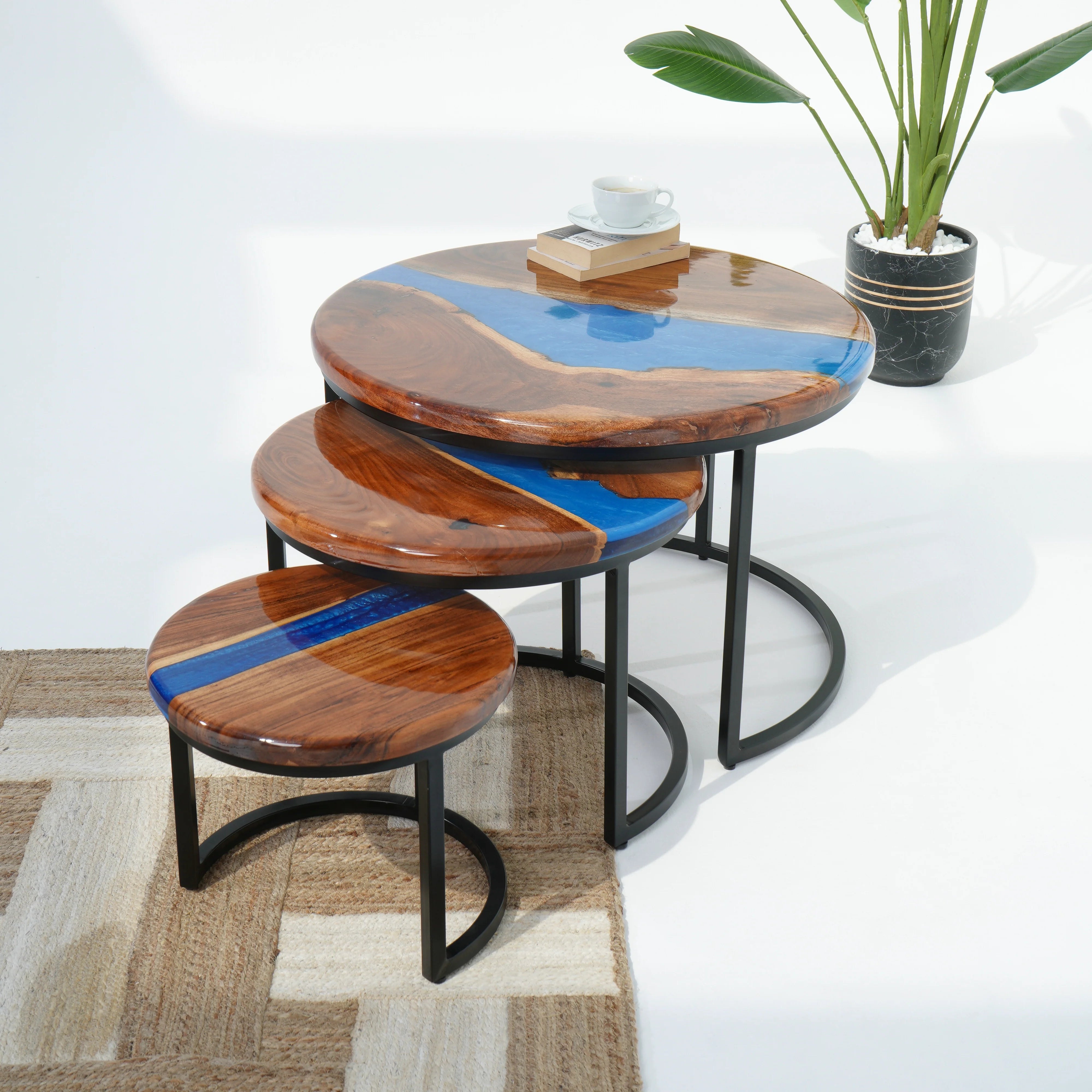 Modern 3-Piece Nesting Table Set with Elegant Epoxy Resin Tabletops – Natural Color