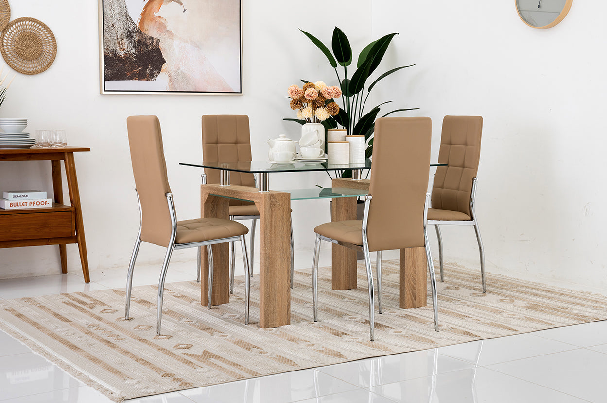 6-Seater Dining Set – Tempered Glass & Faux Leather
