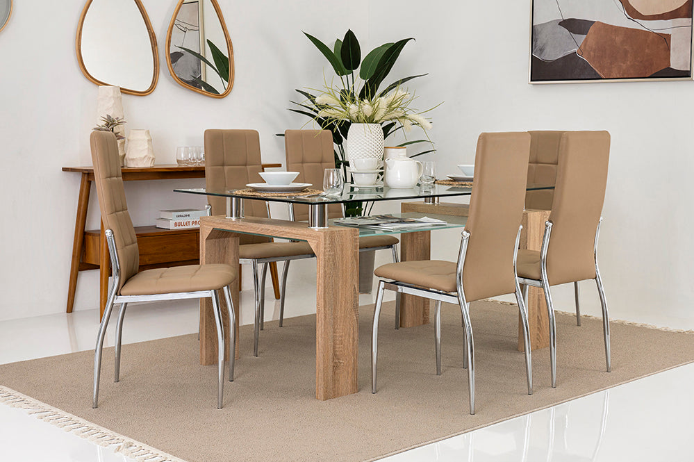 6-Seater Dining Set – Tempered Glass & Faux Leather