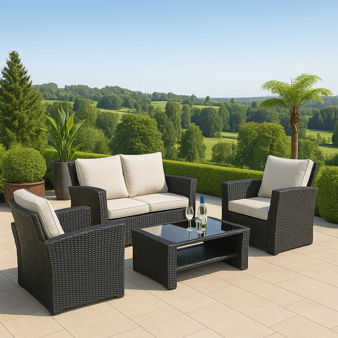 Wooden Twist Luxury Black Rattan Outdoor Sofa Set with Cushions & Glass Coffee Table – 4 Piece Garden Patio Furniture