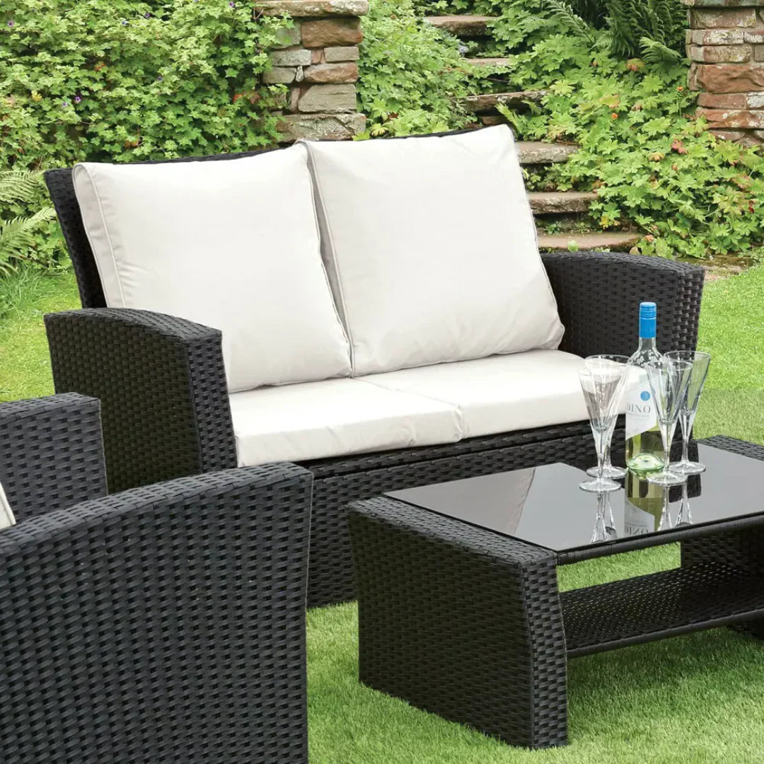 Wooden Twist Luxury Black Rattan Outdoor Sofa Set with Cushions & Glass Coffee Table – 4 Piece Garden Patio Furniture