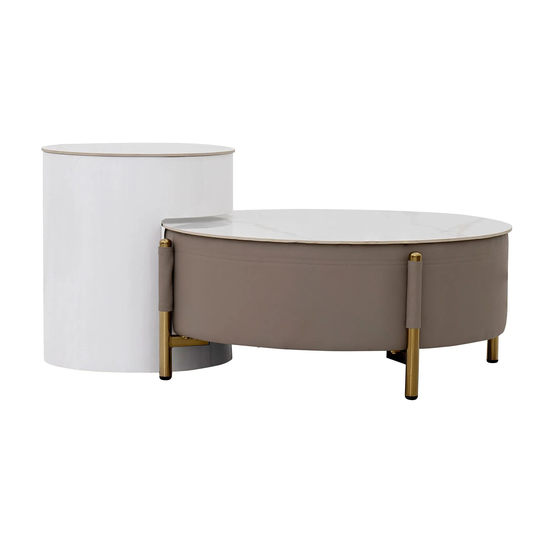 Modern Round Coffee Table Set – Champagne & White (2-Piece)