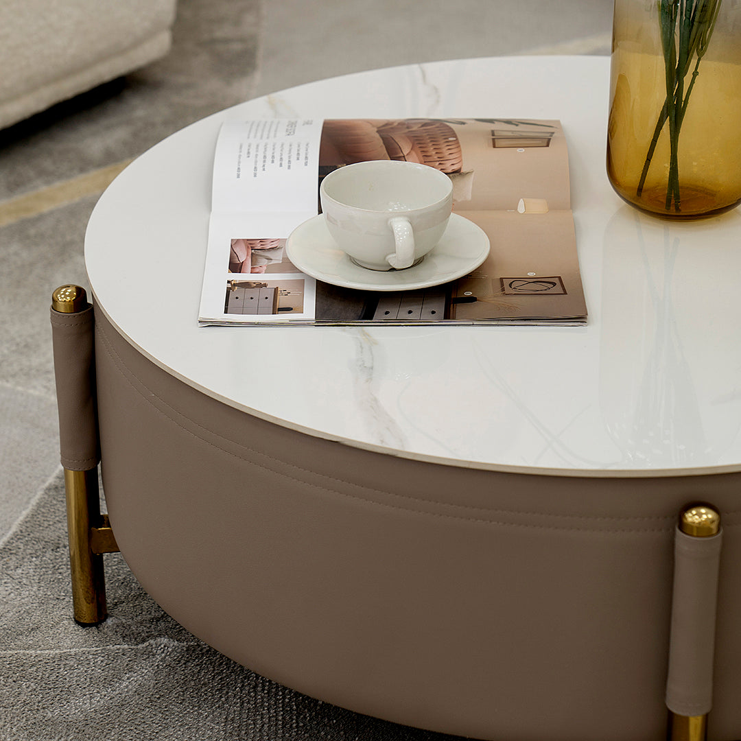 Modern Round Coffee Table Set – Champagne & White (2-Piece)