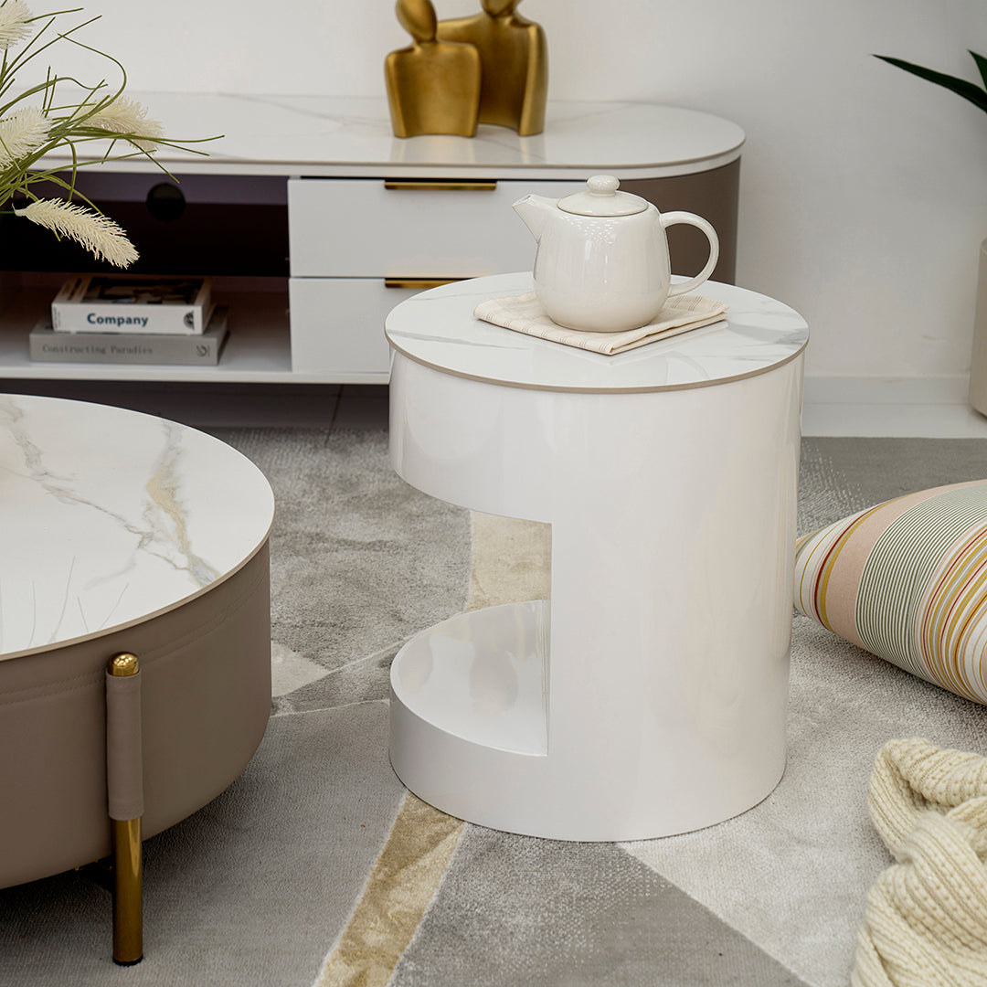 Modern Round Coffee Table Set – Champagne & White (2-Piece)