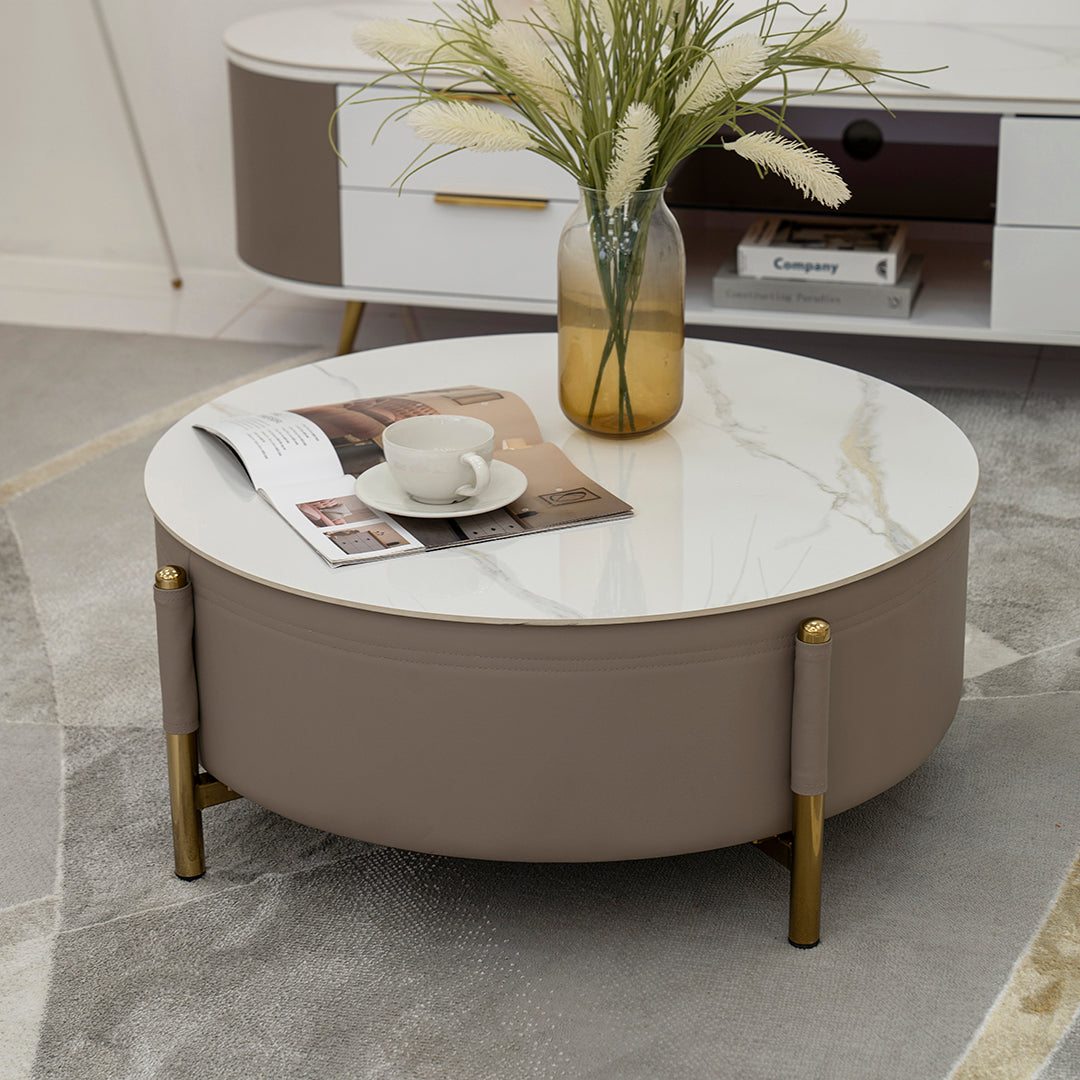 Modern Round Coffee Table Set – Champagne & White (2-Piece)