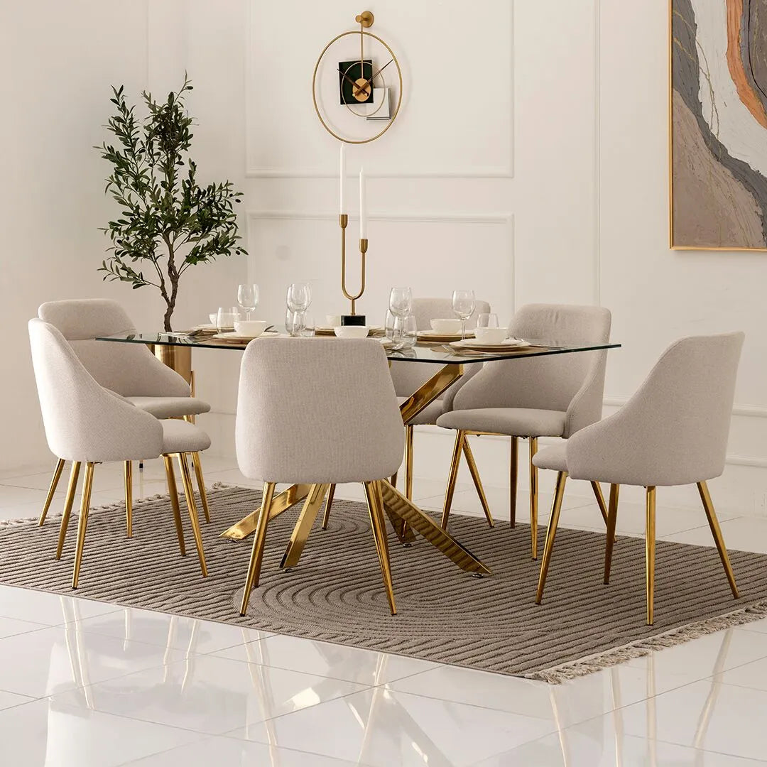 6-Seater Dining Set – Gold & Beige