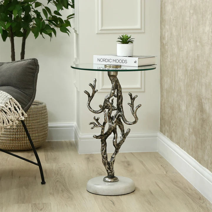 Elegant Side Table – Antique Silver Twig Design Metal with Marble Base & Glass Top