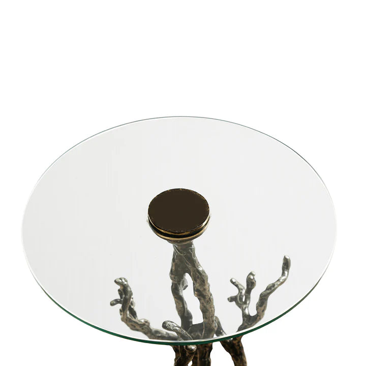 Elegant Side Table – Antique Silver Twig Design Metal with Marble Base & Glass Top