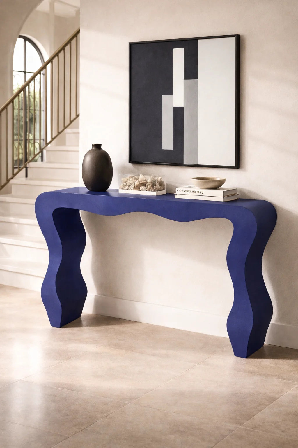 Elegant Blue Wavy Legs Microconcrete Console Table