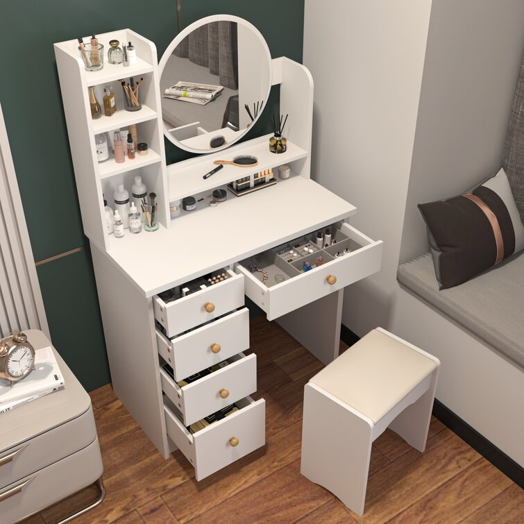 Dressing Table Set with Stool and Round Mirror-GCC Home Center