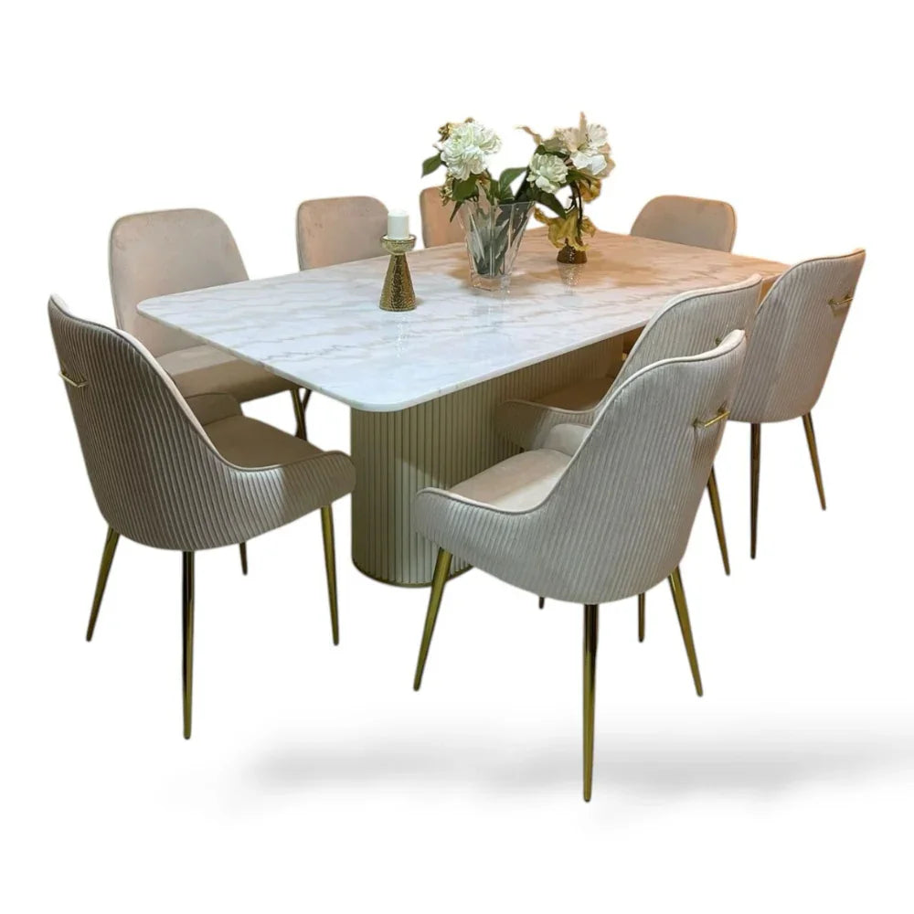 Modern Elegant Dining Table Set - Solid Wood Base with Premium Marble Top ( White )