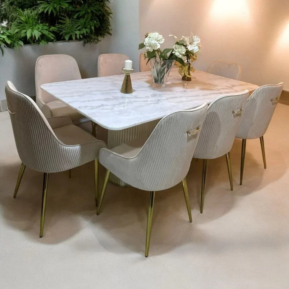 Modern Elegant Dining Table Set - Solid Wood Base with Premium Marble Top ( White )