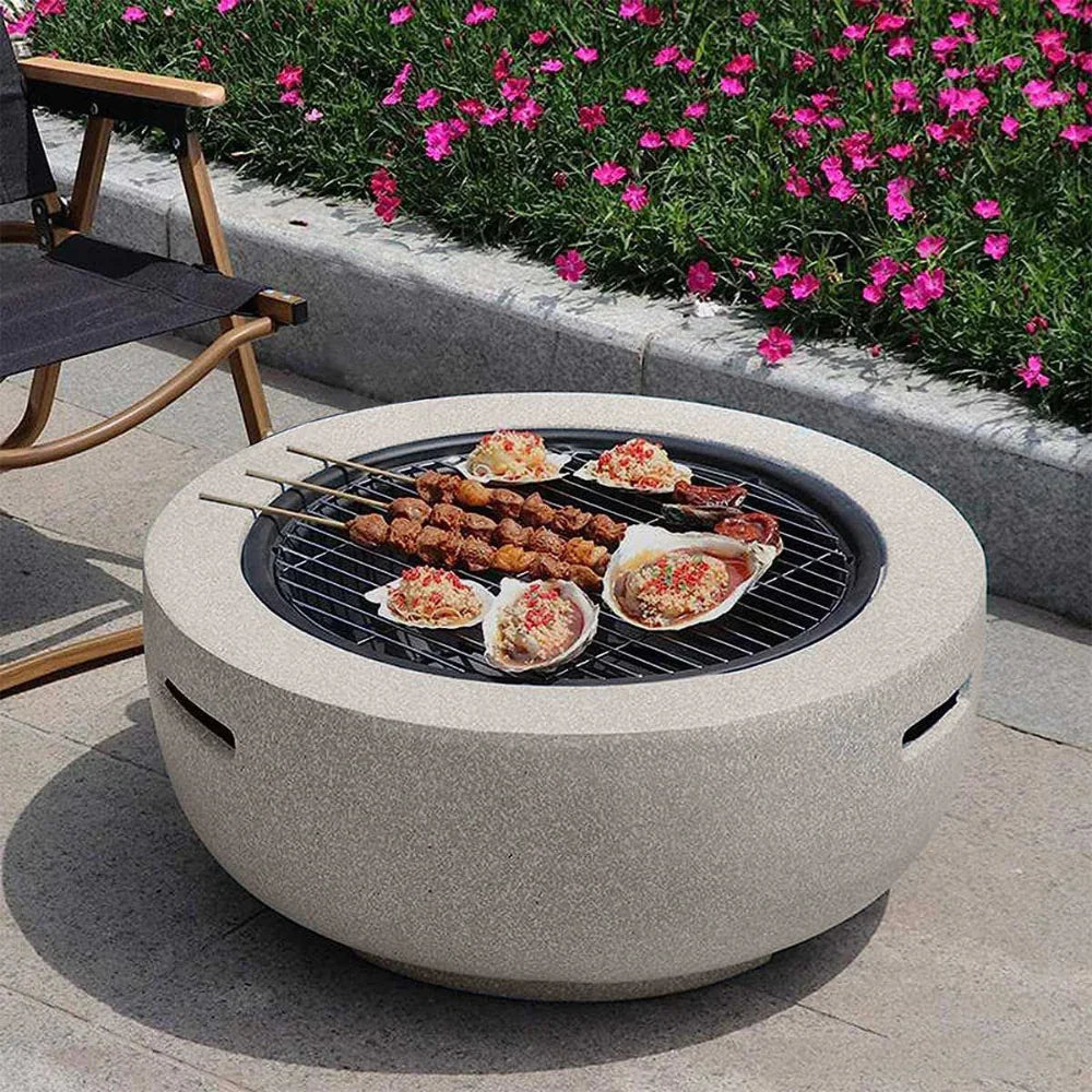 Outdoor Round Firepit (Charcoal & Wood Burning) with BBQ Grill & Spark Screen