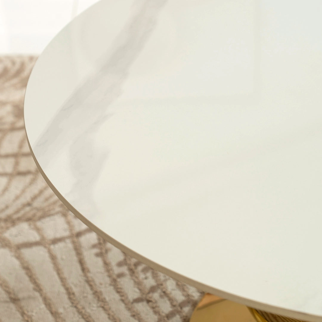 Coffee Table – Modern Round White & Gold Sintered Stone Design