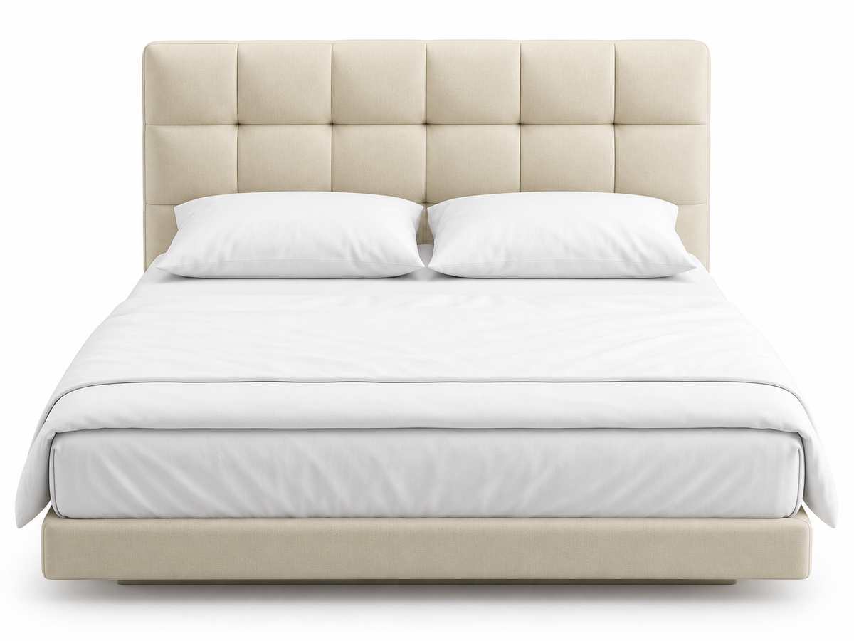 AP-40 Modern Luxury Upholstered Bed with Genuine Leather Square Tufted Headboard, PU Leather Frame & Wooden Structure | 150×200cm / 180×200cm – Beige