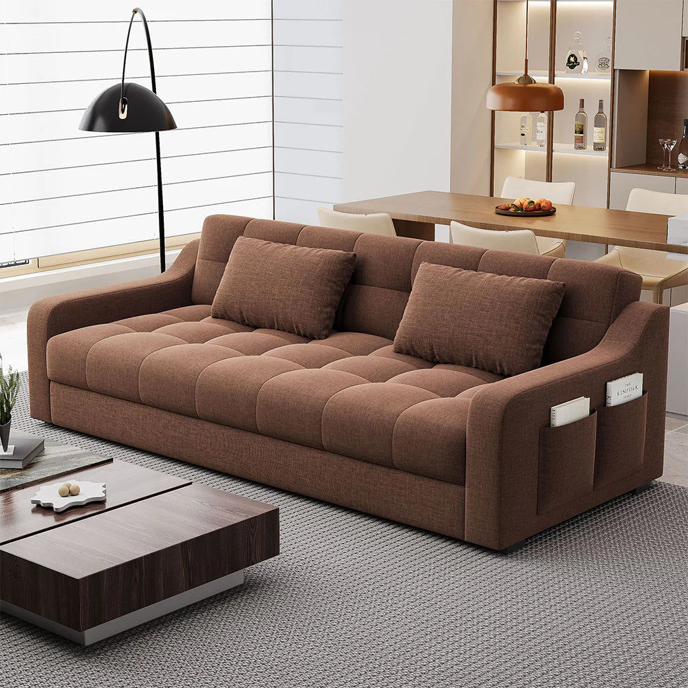2-in-1 Sofa Bed with Storage | Convertible Linen Sleeper Sofa with Solid Wood Frame & Throw Pillows