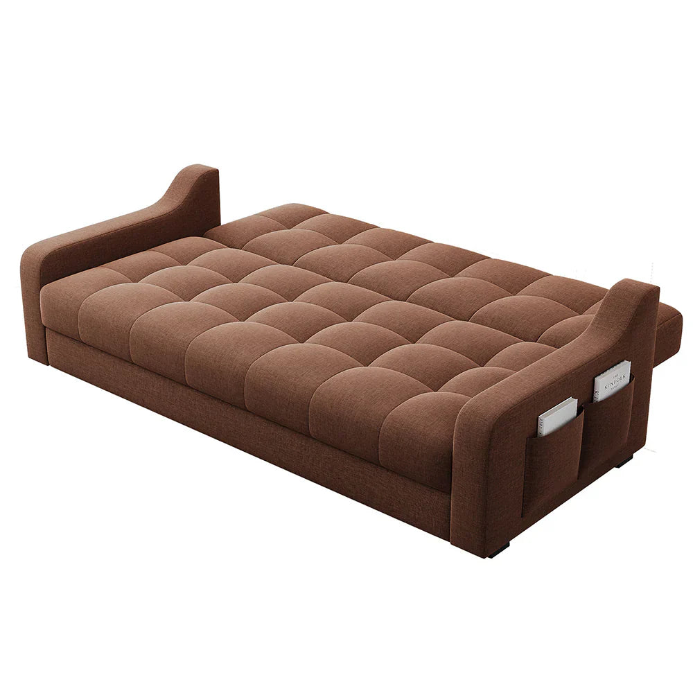 2-in-1 Sofa Bed with Storage | Convertible Linen Sleeper Sofa with Solid Wood Frame & Throw Pillows