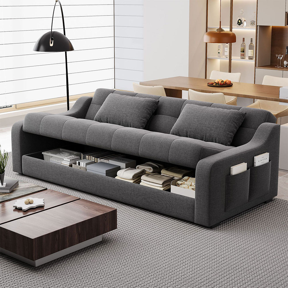 2-in-1 Sofa Bed with Storage | Convertible Linen Sleeper Sofa with Solid Wood Frame & Throw Pillows