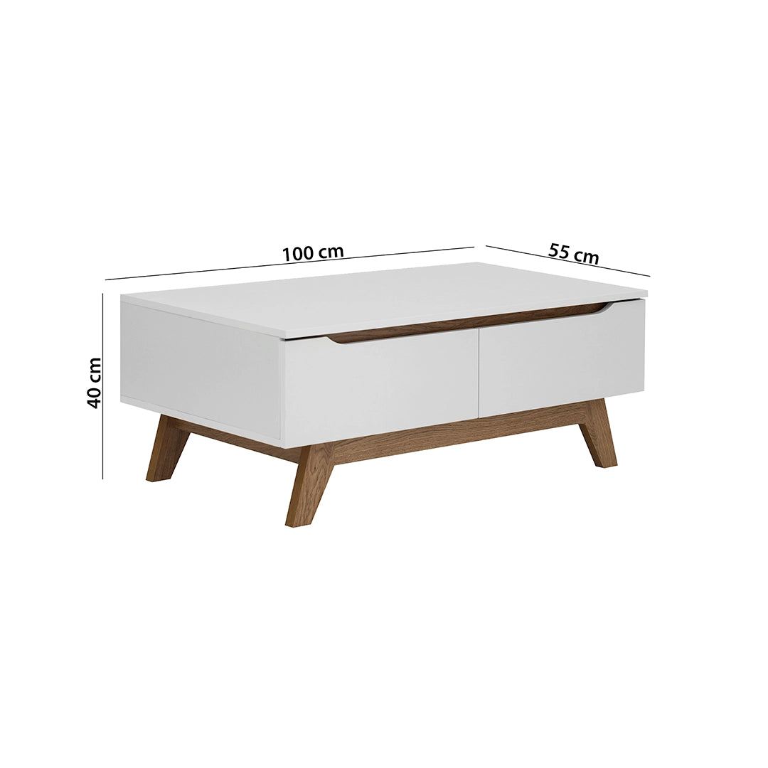 Coffee Table with 2 Storage Drawers - White & Oak Wooden