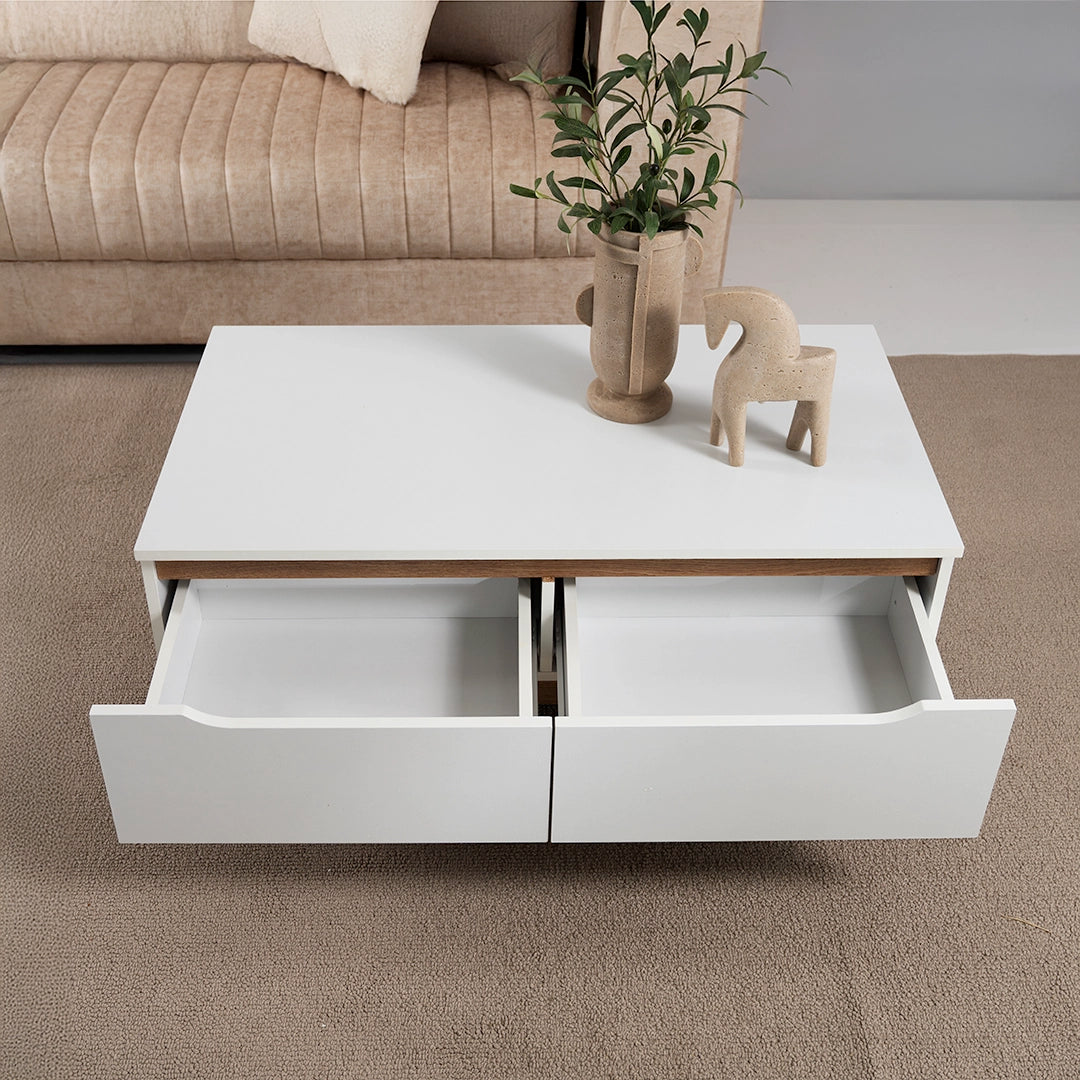 Coffee Table with 2 Storage Drawers - White & Oak Wooden