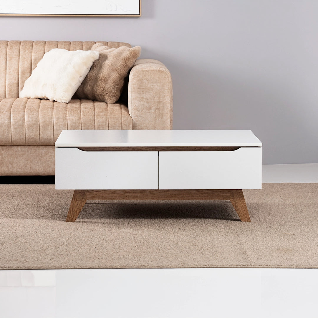 Coffee Table with 2 Storage Drawers - White & Oak Wooden