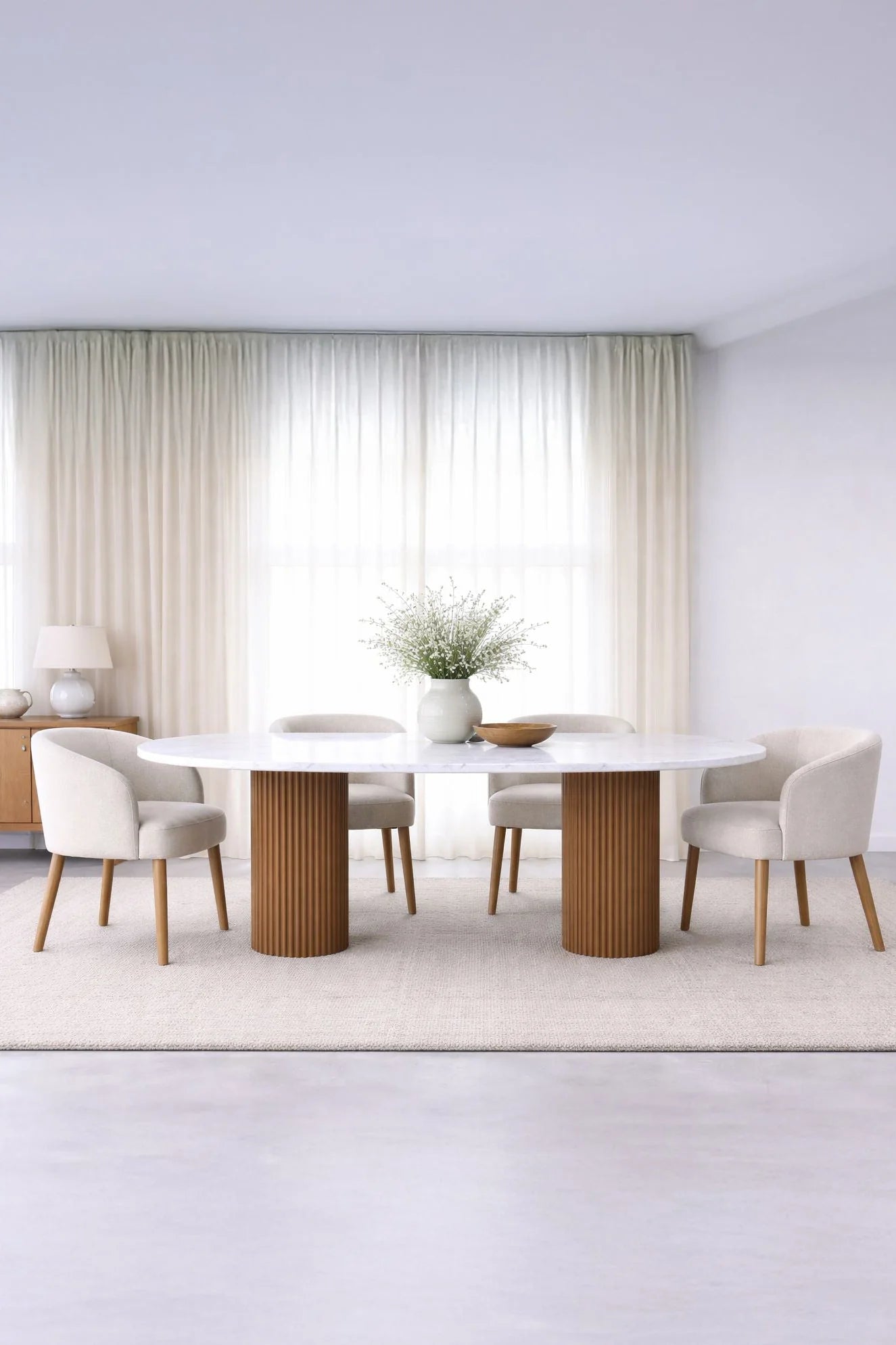 Luxury Natural Marble Dining Table With Light Wood Base