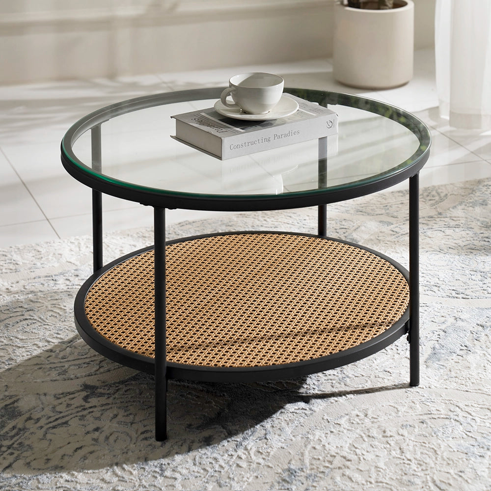 Round Walnut & Black Coffee Table with Tempered Glass Top and Metal Frame