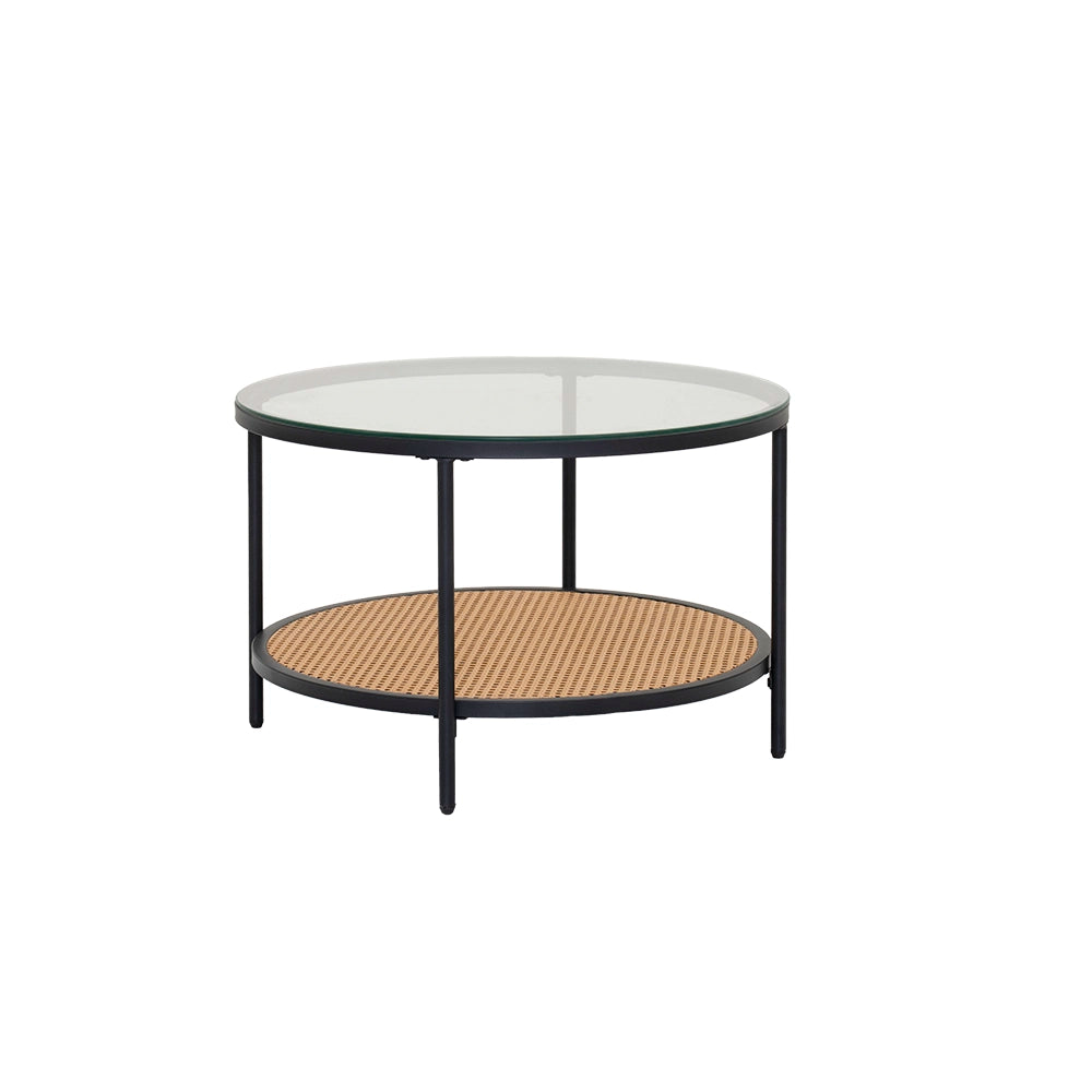 Round Walnut & Black Coffee Table with Tempered Glass Top and Metal Frame