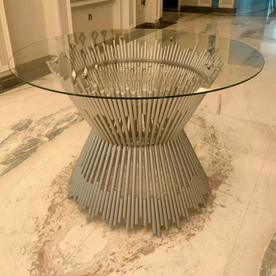 Luxury Metallic Finish Tempered Glass Top Prism Dining Table