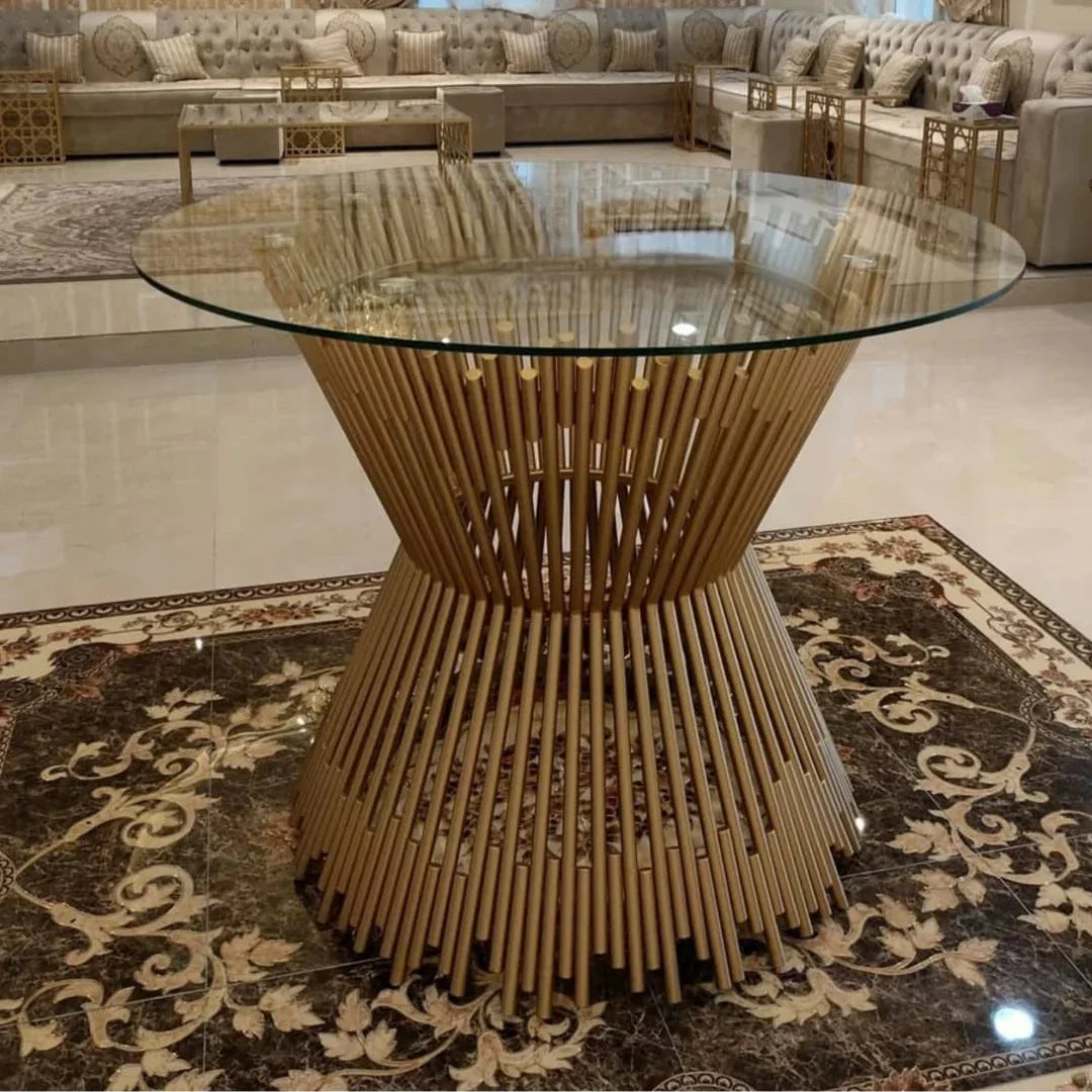 Luxury Metallic Finish Tempered Glass Top Prism Dining Table