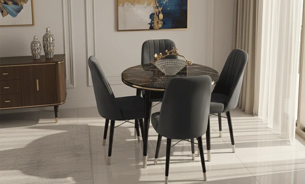Natural Wood Round Dining Set 4-Seater (Black)