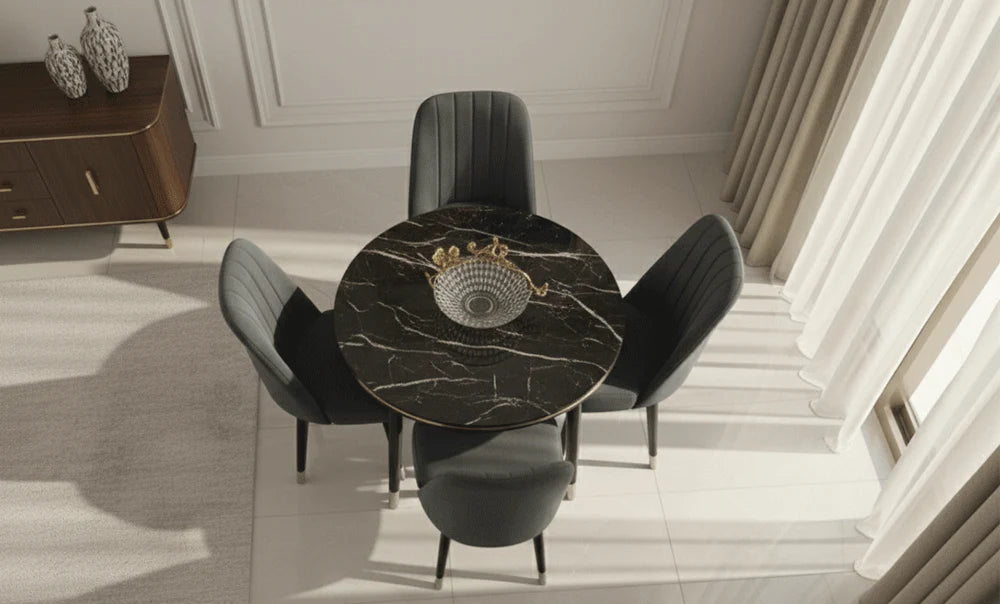 Natural Wood Round Dining Set 4-Seater (Black)