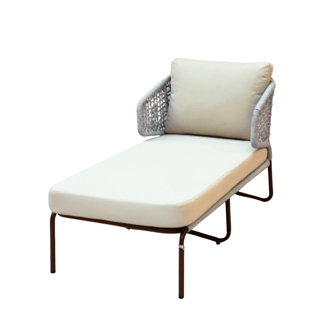 Swin Wood Color Aluminum Frame Outdoor Daybed with Off-White Cushions | Luxury Patio & Garden Lounger