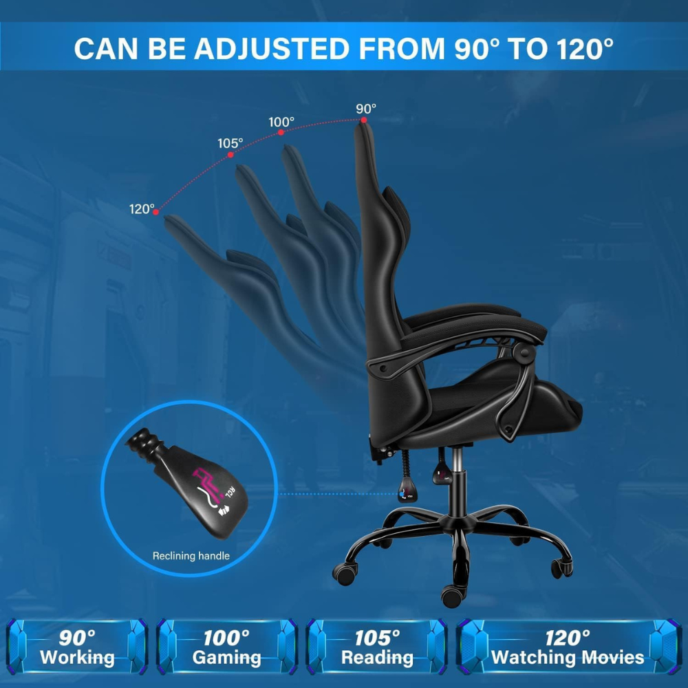 Ergonomic Gaming Chair with Adjustable Backrest & Lumbar Support - Large Leather Racing Chair, Charcoal Metal-GCC Home Center