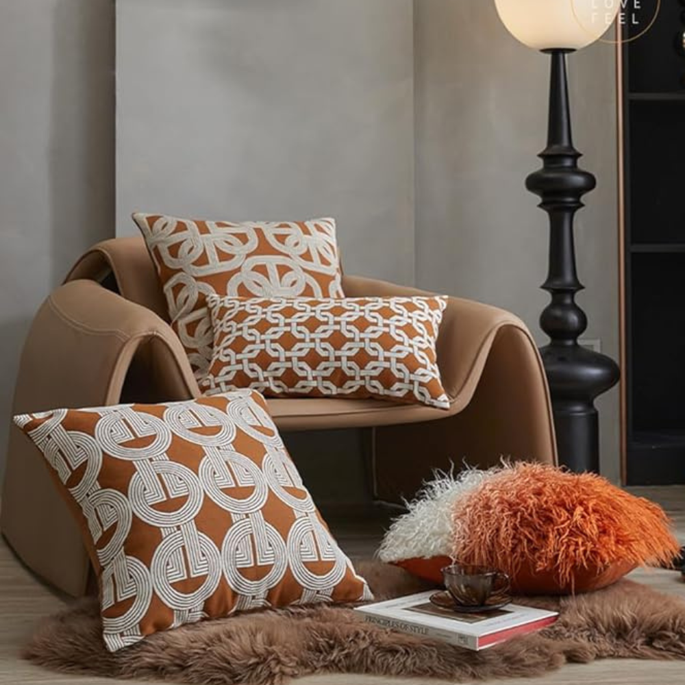 Set of 2 Orange Geometric Linen Throw Pillow Covers, 18x18 Inch Decorative Cushion Covers with Hidden Zipper-GCC Home Center