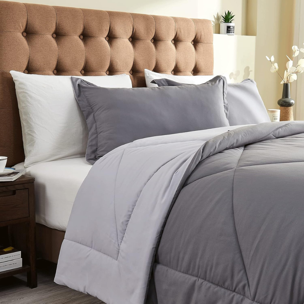 Lightweight Reversible Summer Duvet Set – Breathable, Hypoallergenic Comforter with Pillow Sham (Grey/Light Grey, 160x220cm)-GCC Home Center