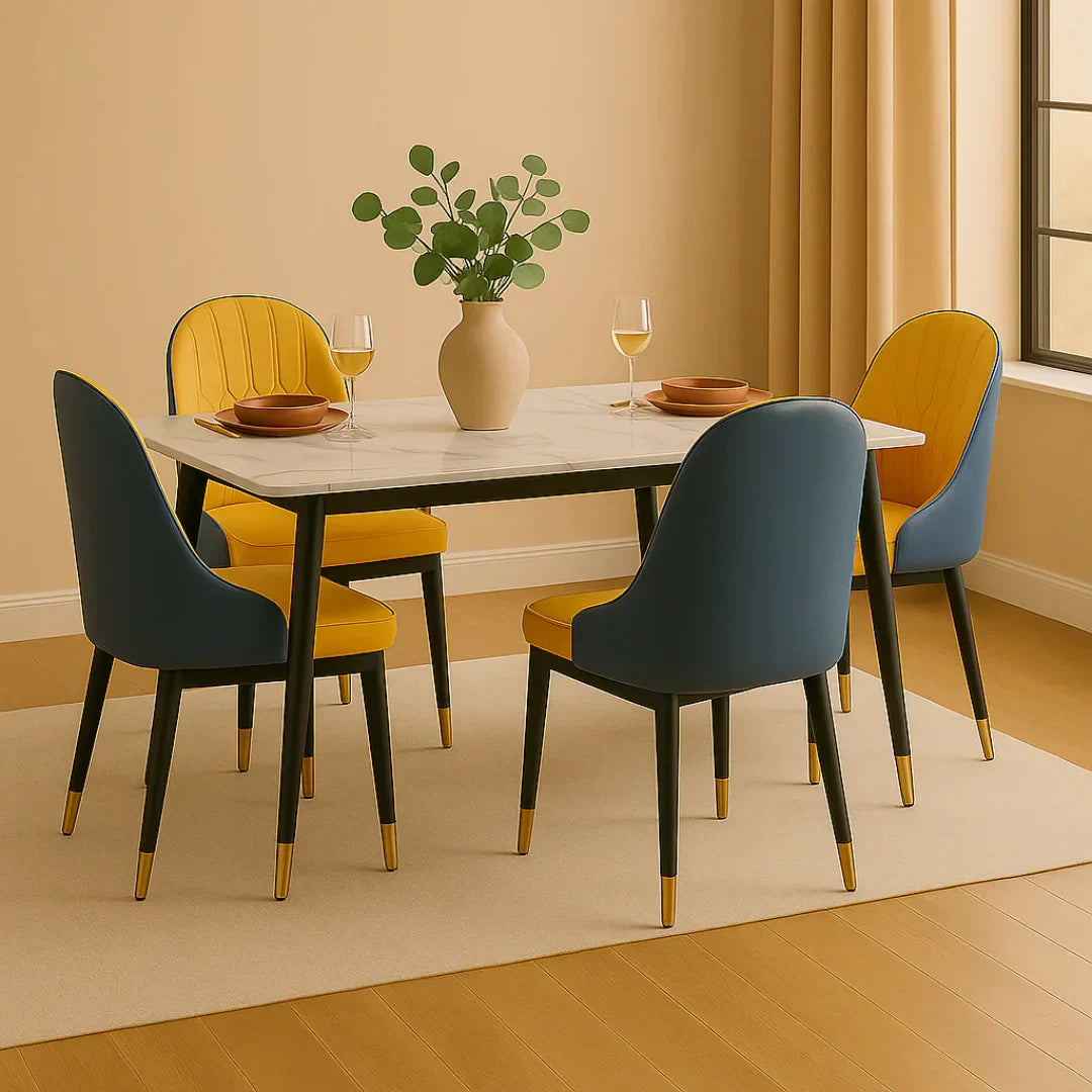 Modern Rectangular Marble Top Dining Table Set (Yellow & Blue)