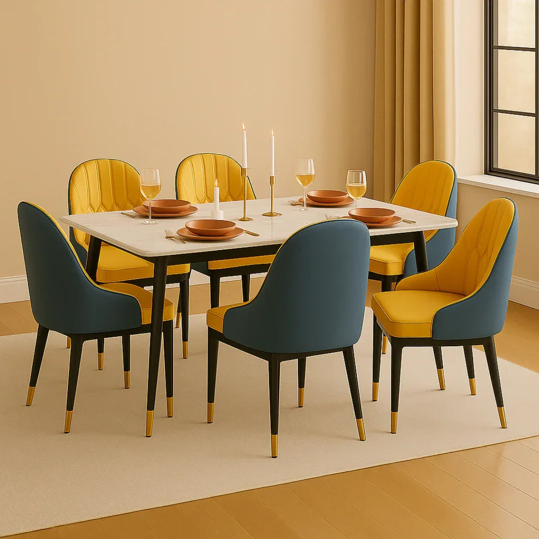 Modern Rectangular Marble Top Dining Table Set (Yellow & Blue)