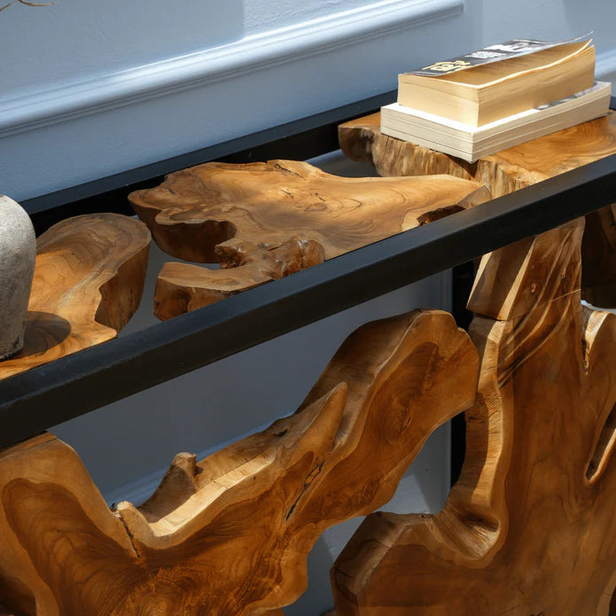 Elegant Natural teak root wood Coffee Table With Sleek Black Metal Frame