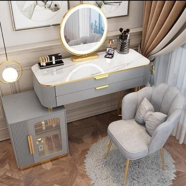 Modern Solid Wood Dressing Table Set with Smart Mirror and Stool - White/Gray-GCC Home Center
