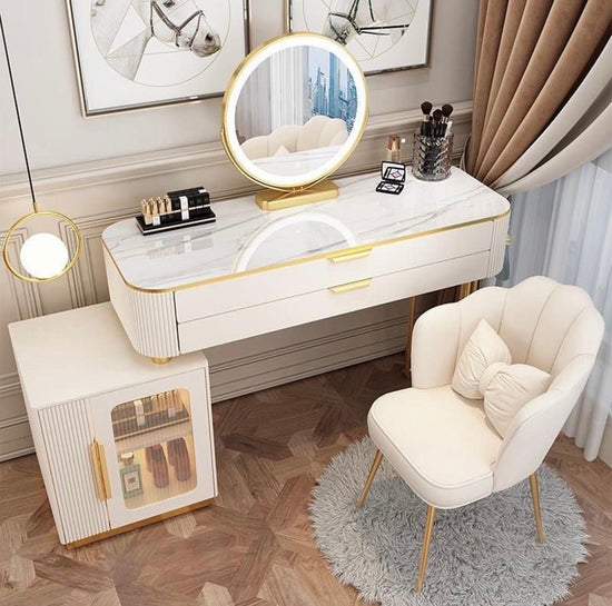 Modern Solid Wood Dressing Table Set with Smart Mirror and Stool - White/Gray-GCC Home Center
