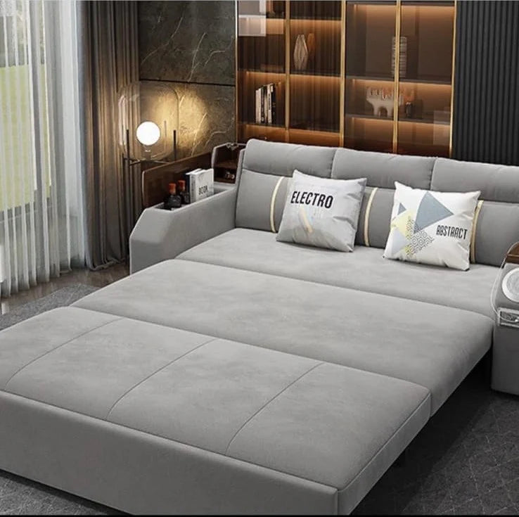 Modern 2-in-1 Extendable Sofa Bed with Storage, USB Ports, Bluetooth Speaker & Side Pockets | Velvet Convertible Daybed