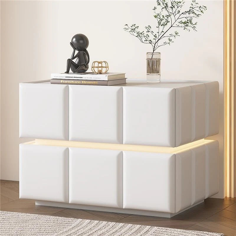 Modern Smart LED Bedside Table with 2 Drawers | Solid Wood Nightstand with Storage | White Bedroom Side Table