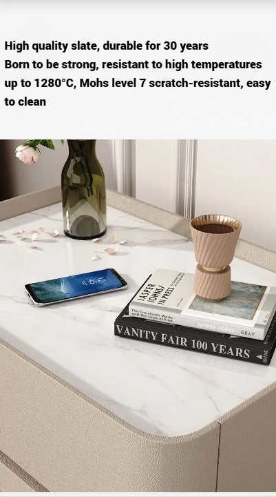 Solid Wood Nightstand Bedside Table with Slate Marble Top | Modern Bedroom Side Table with Storage | White, Off-White & Gray