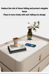 Solid Wood Nightstand Bedside Table with Slate Marble Top | Modern Bedroom Side Table with Storage | White, Off-White & Gray