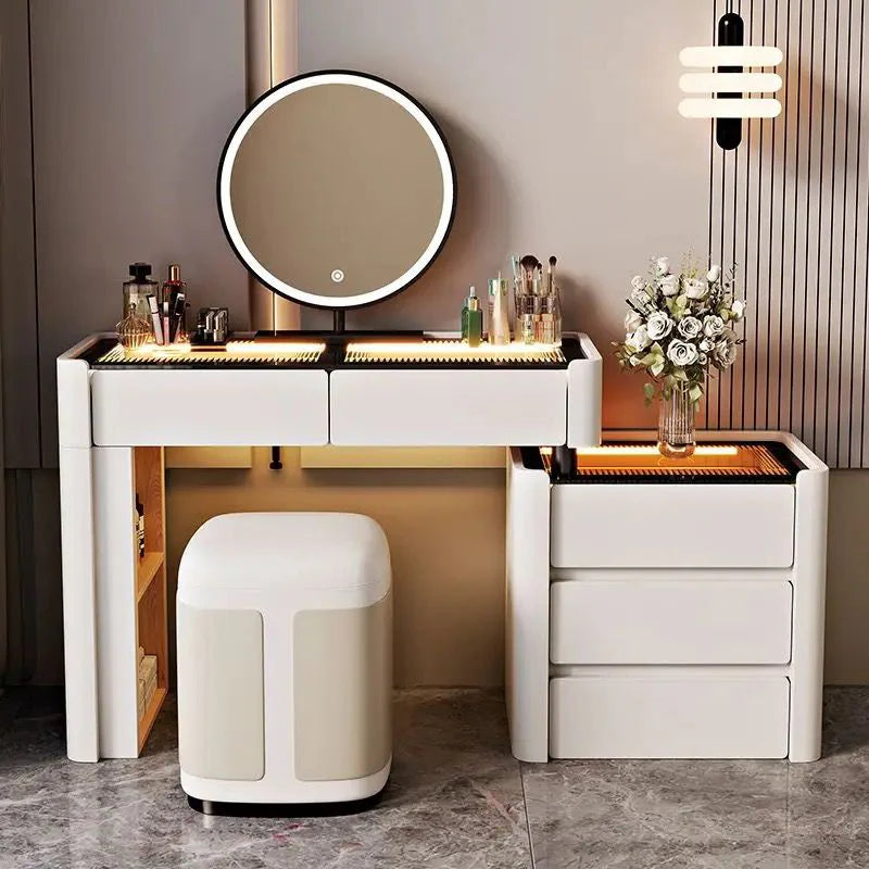 Modern LED Dressing Table with Mirror, Storage Drawers & Cushioned Stool | Luxury White Vanity Set for Bedroom