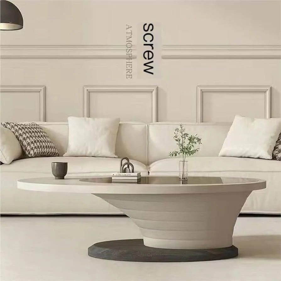 Modern Oval Coffee Table 130cm with Tempered Glass Top & Spiral MDF Base | Luxury Center Table for Living Room