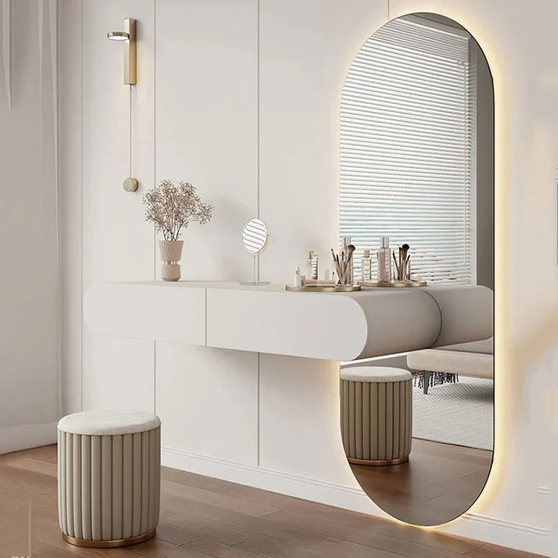 Modern Wall-Mounted Dressing Table with LED Oval Full-Length Mirror & 2 Storage Drawers | White Floating Vanity Set